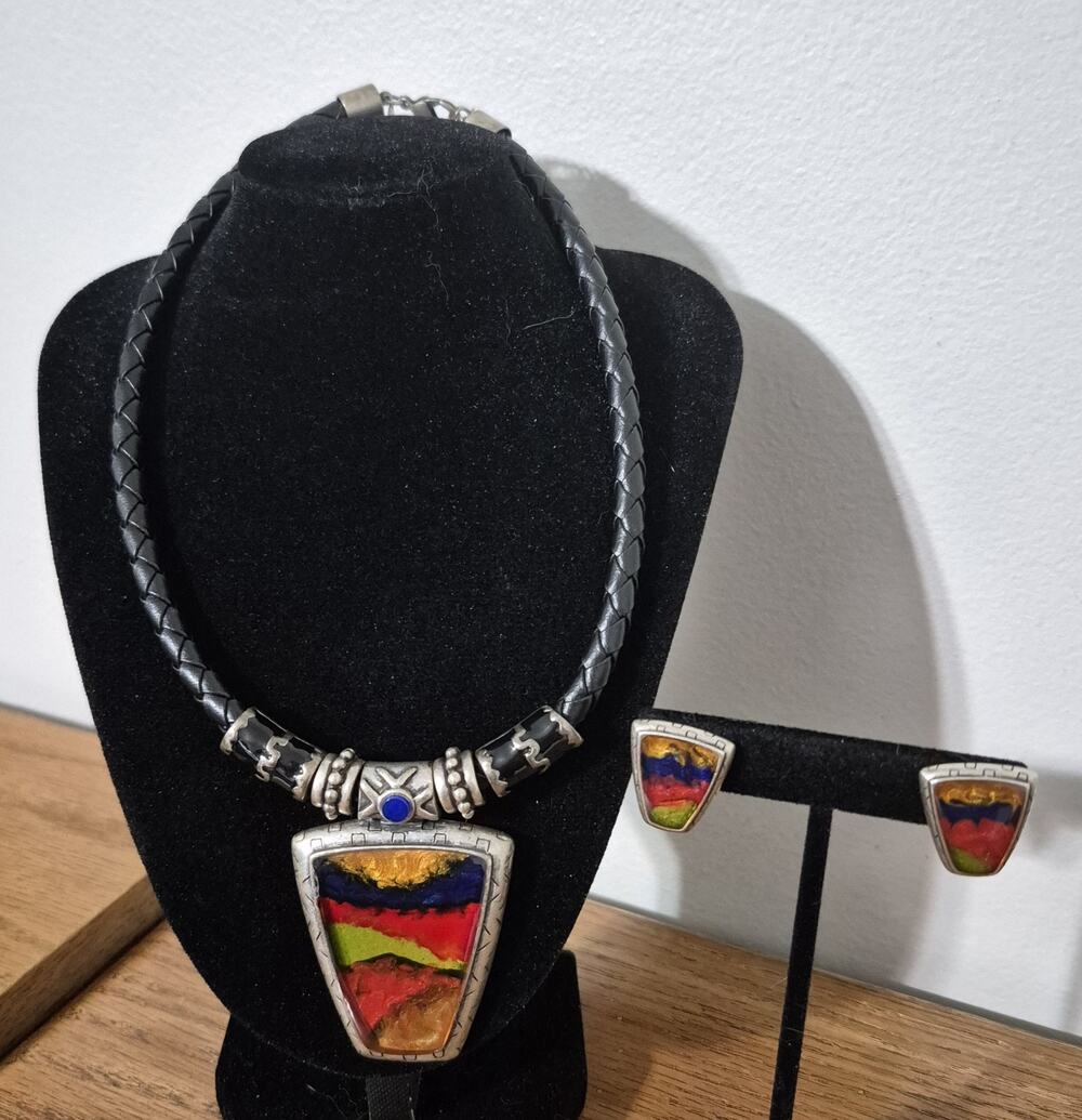 Chico's Statement Jewelry Set Multicolor Enamel Pendant Leather Cord Earrings